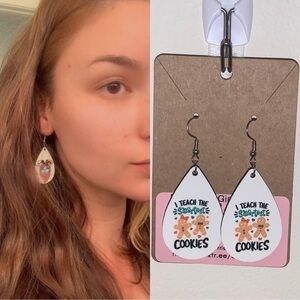 Teacher earrings: “I teach the smartest cookies” wood tear drop earring new